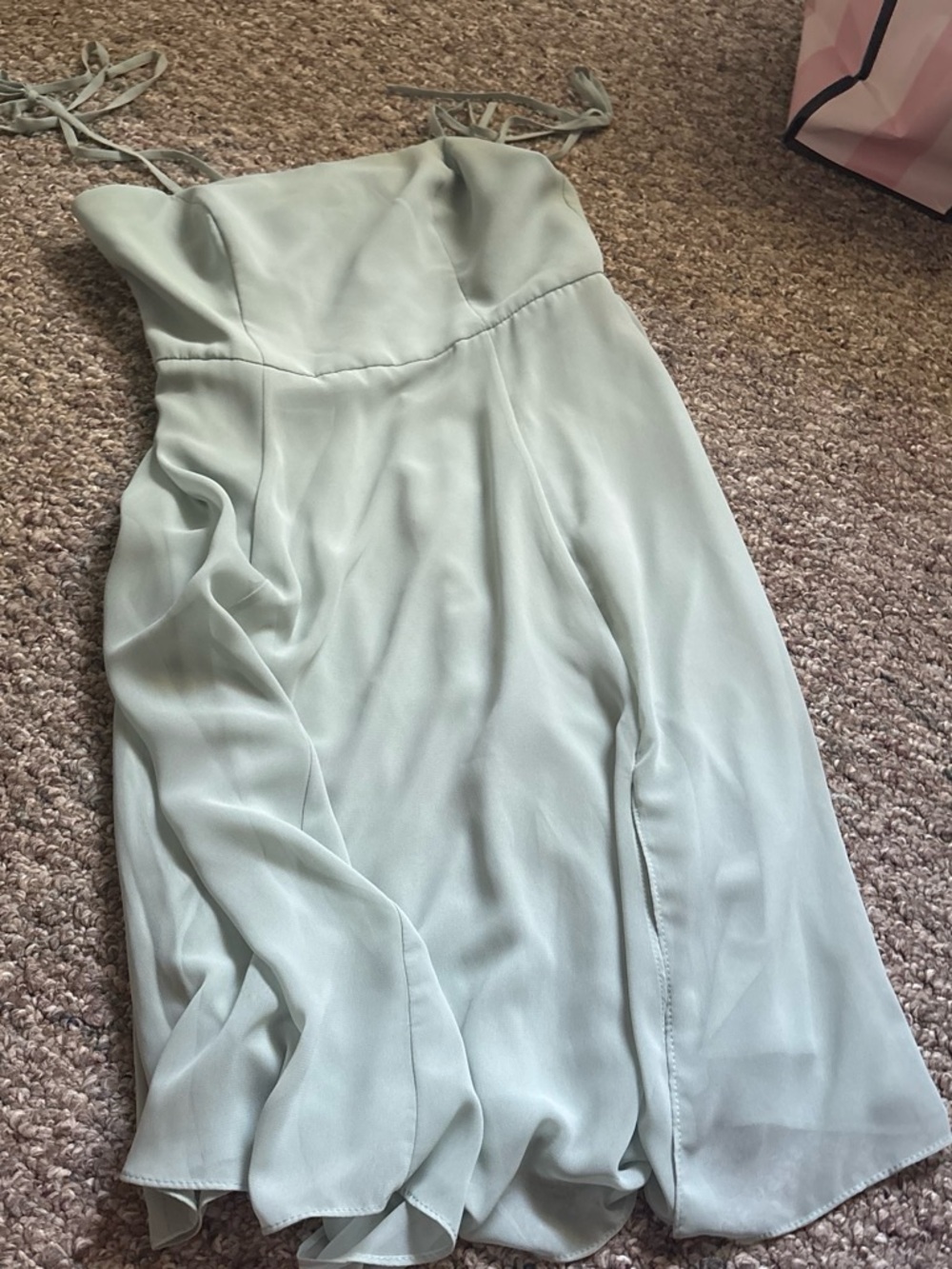 David's Bridal Strapless Sage Chiffon Dress